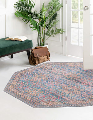 Washable Antique Blue 7' 10 x 7' 10 Nostalgia Octagon Area Rug Easy to Clean Stain Resistant & Durable Polyester Chenille Vintage Distressed Carpet for Sale at Rug Engine