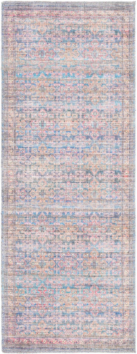 Washable Antique Blue 2' x 5' Nostalgia Runner Area Rug Easy to Clean Stain Resistant & Durable Polyester Chenille Vintage Distressed Carpet for Sale at Rug Engine