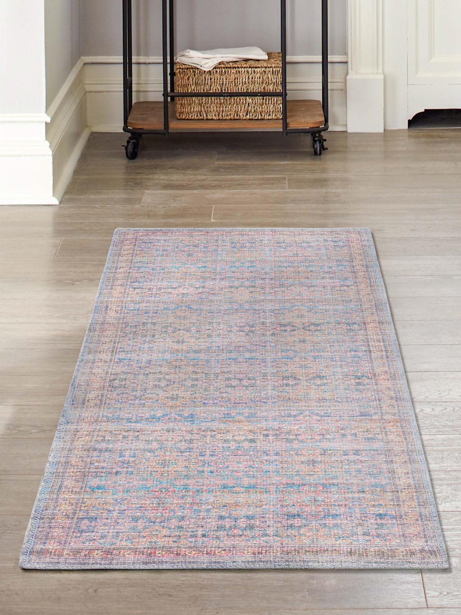 Washable Antique Blue 2' x 6' Nostalgia Runner Area Rug Easy to Clean Stain Resistant & Durable Polyester Chenille Vintage Distressed Carpet for Sale at Rug Engine