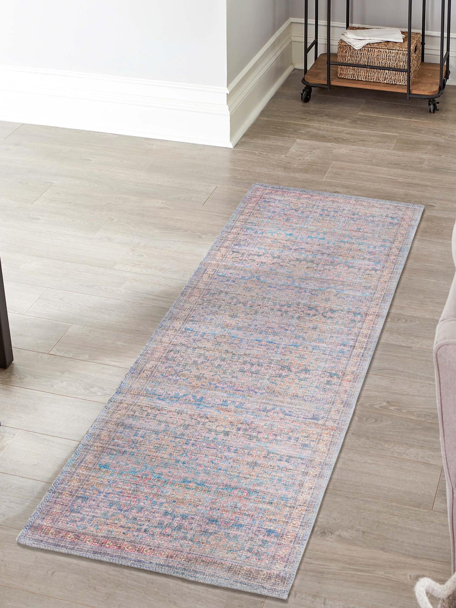 Washable Antique Blue 2' x 6' Nostalgia Runner Area Rug Easy to Clean Stain Resistant & Durable Polyester Chenille Vintage Distressed Carpet for Sale at Rug Engine