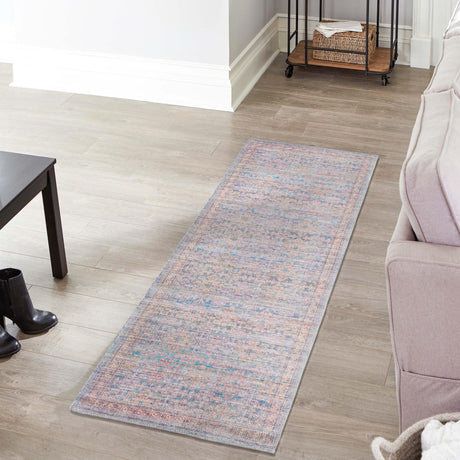 Washable Antique Blue 2' x 6' Nostalgia Runner Area Rug Easy to Clean Stain Resistant & Durable Polyester Chenille Vintage Distressed Carpet for Sale at Rug Engine