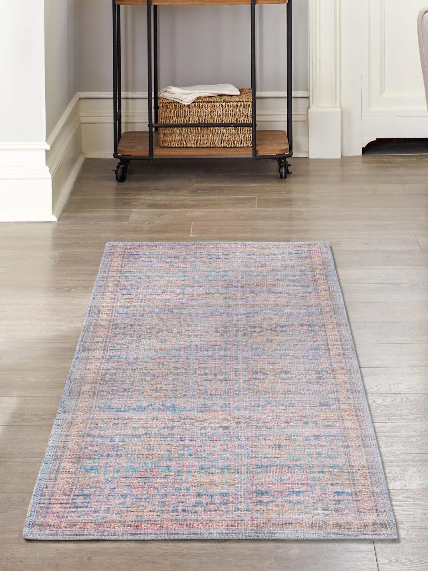 Washable Antique Blue 2' x 6' Nostalgia Runner Area Rug Easy to Clean Stain Resistant & Durable Polyester Chenille Vintage Distressed Carpet for Sale at Rug Engine