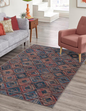 Washable Peach and Blue 7' 10 x 10' Sisu Rectangle Area Rug Easy to Clean Stain Resistant & Durable Polyester Chenille Distressed Vintage Look Carpet for Sale at Rug Engine