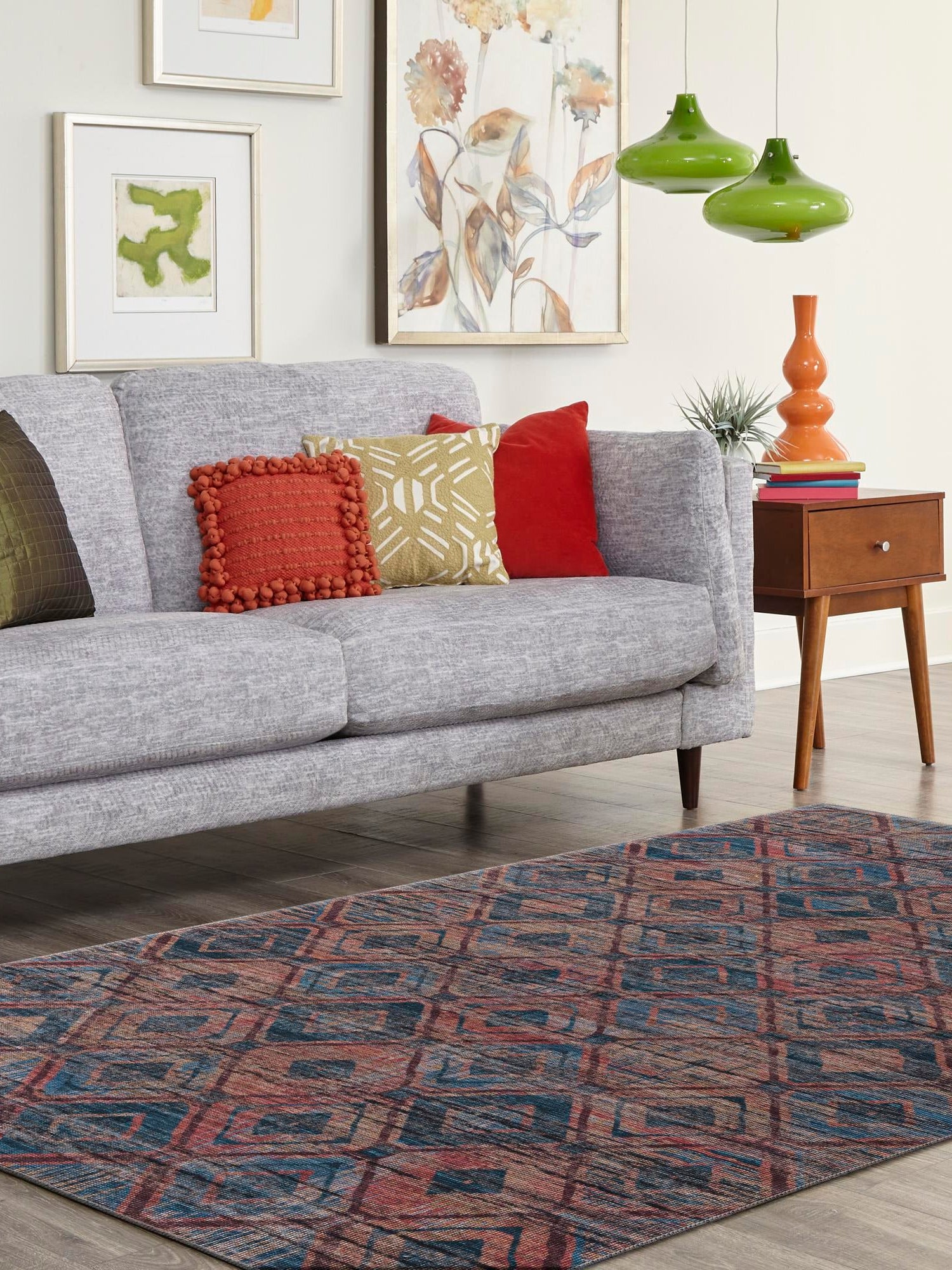 Washable Peach and Blue 7' 10 x 10' Sisu Rectangle Area Rug Easy to Clean Stain Resistant & Durable Polyester Chenille Distressed Vintage Look Carpet for Sale at Rug Engine