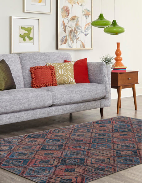Washable Peach and Blue 7' 10 x 10' Sisu Rectangle Area Rug Easy to Clean Stain Resistant & Durable Polyester Chenille Distressed Vintage Look Carpet for Sale at Rug Engine