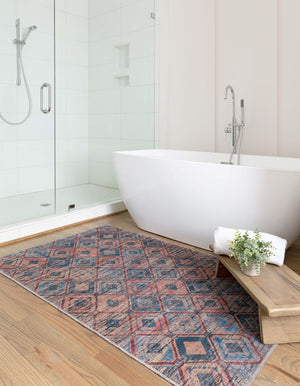 Washable Peach and Blue 9' 2 x 12' Sisu Rectangle Area Rug Easy to Clean Stain Resistant & Durable Polyester Chenille Distressed Vintage Look Carpet for Sale at Rug Engine
