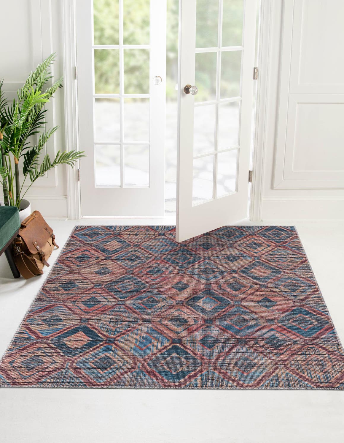 Washable Peach and Blue 5' 3 x 5' 3 Sisu Square Area Rug Easy to Clean Stain Resistant & Durable Polyester Chenille Distressed Vintage Look Carpet for Sale at Rug Engine