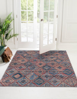 Washable Peach and Blue 5' 3 x 5' 3 Sisu Square Area Rug Easy to Clean Stain Resistant & Durable Polyester Chenille Distressed Vintage Look Carpet for Sale at Rug Engine
