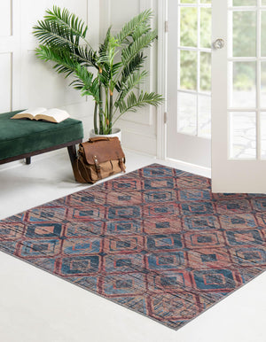 Washable Peach and Blue 5' 3 x 5' 3 Sisu Square Area Rug Easy to Clean Stain Resistant & Durable Polyester Chenille Distressed Vintage Look Carpet for Sale at Rug Engine