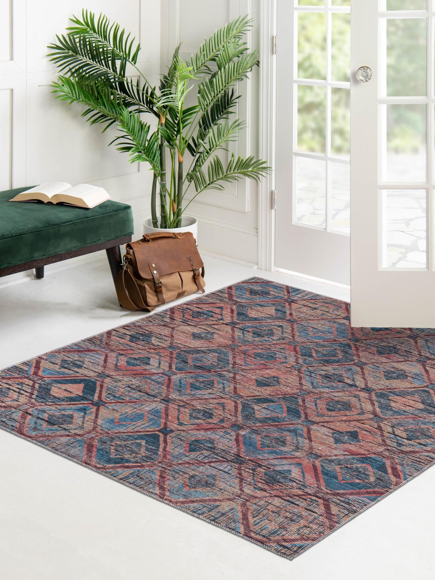 Washable Peach and Blue 7' 10 x 7' 10 Sisu Square Area Rug Easy to Clean Stain Resistant & Durable Polyester Chenille Distressed Vintage Look Carpet for Sale at Rug Engine