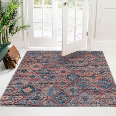 Washable Peach and Blue 7' 3 x 7' 3 Sisu Square Area Rug Easy to Clean Stain Resistant & Durable Polyester Chenille Distressed Vintage Look Carpet for Sale at Rug Engine
