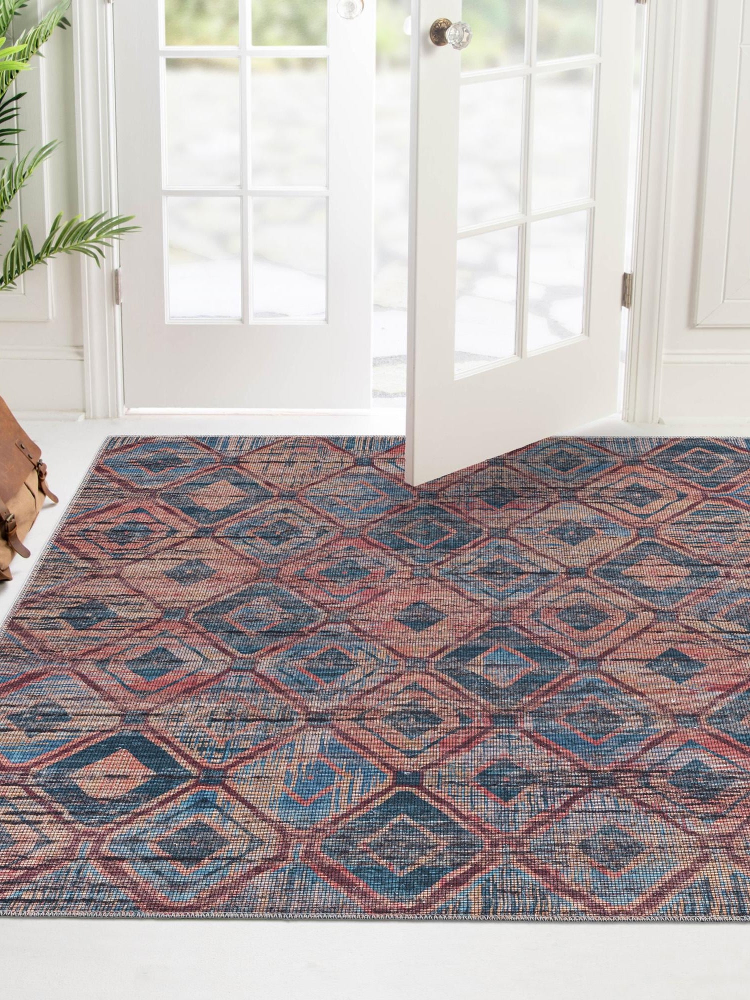 Washable Peach and Blue 7' 10 x 7' 10 Sisu Square Area Rug Easy to Clean Stain Resistant & Durable Polyester Chenille Distressed Vintage Look Carpet for Sale at Rug Engine