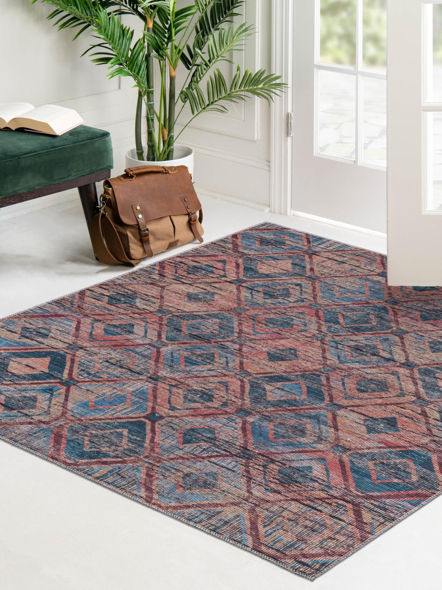 Washable Peach and Blue 7' 3 x 7' 3 Sisu Square Area Rug Easy to Clean Stain Resistant & Durable Polyester Chenille Distressed Vintage Look Carpet for Sale at Rug Engine
