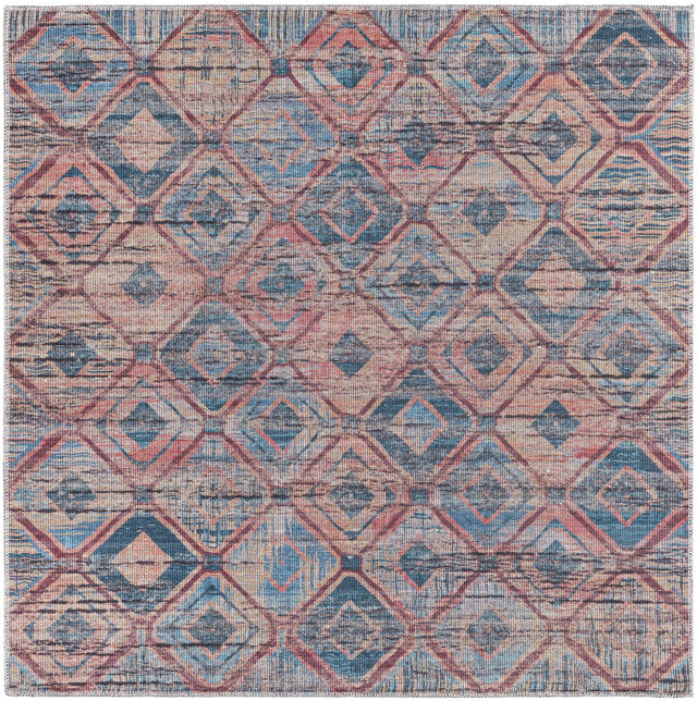 Washable Peach and Blue 5' 3 x 5' 3 Sisu Square Area Rug Easy to Clean Stain Resistant & Durable Polyester Chenille Distressed Vintage Look Carpet for Sale at Rug Engine