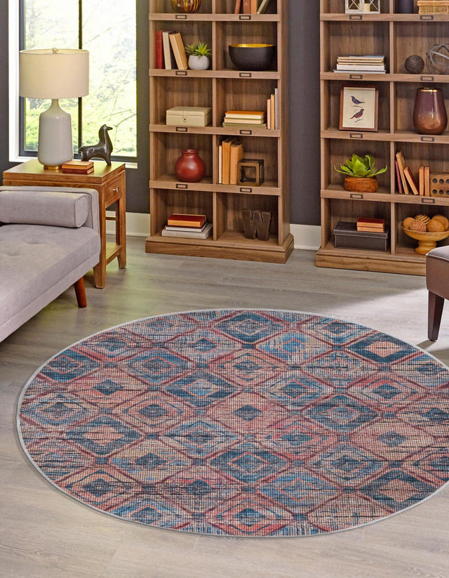 Washable Peach and Blue 7' 10 x 7' 10 Sisu Round Area Rug Easy to Clean Stain Resistant & Durable Polyester Chenille Distressed Vintage Look Carpet for Sale at Rug Engine