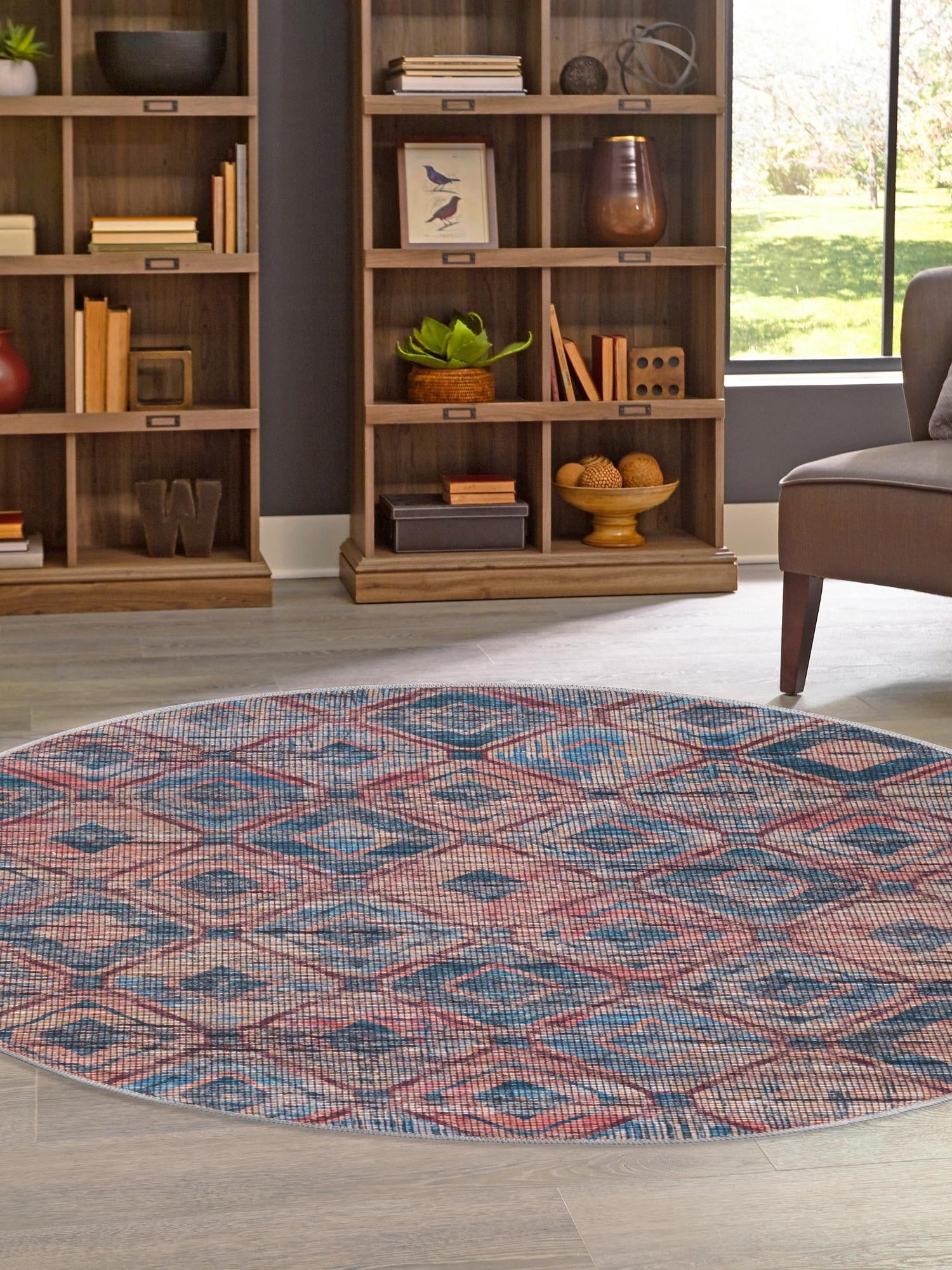 Washable Peach and Blue 7' 10 x 7' 10 Sisu Round Area Rug Easy to Clean Stain Resistant & Durable Polyester Chenille Distressed Vintage Look Carpet for Sale at Rug Engine