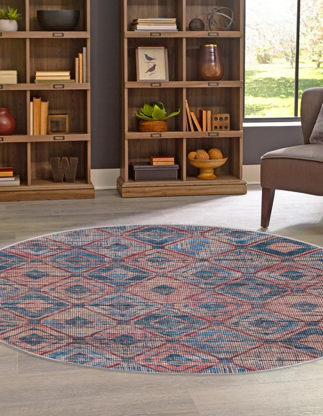 Washable Peach and Blue 7' 10 x 7' 10 Sisu Round Area Rug Easy to Clean Stain Resistant & Durable Polyester Chenille Distressed Vintage Look Carpet for Sale at Rug Engine