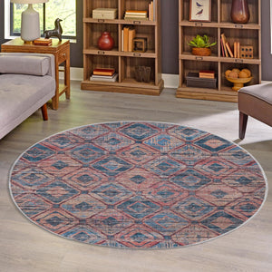 Washable Peach and Blue 3' 11 x 3' 11 Sisu Round Area Rug Easy to Clean Stain Resistant & Durable Polyester Chenille Distressed Vintage Look Carpet for Sale at Rug Engine