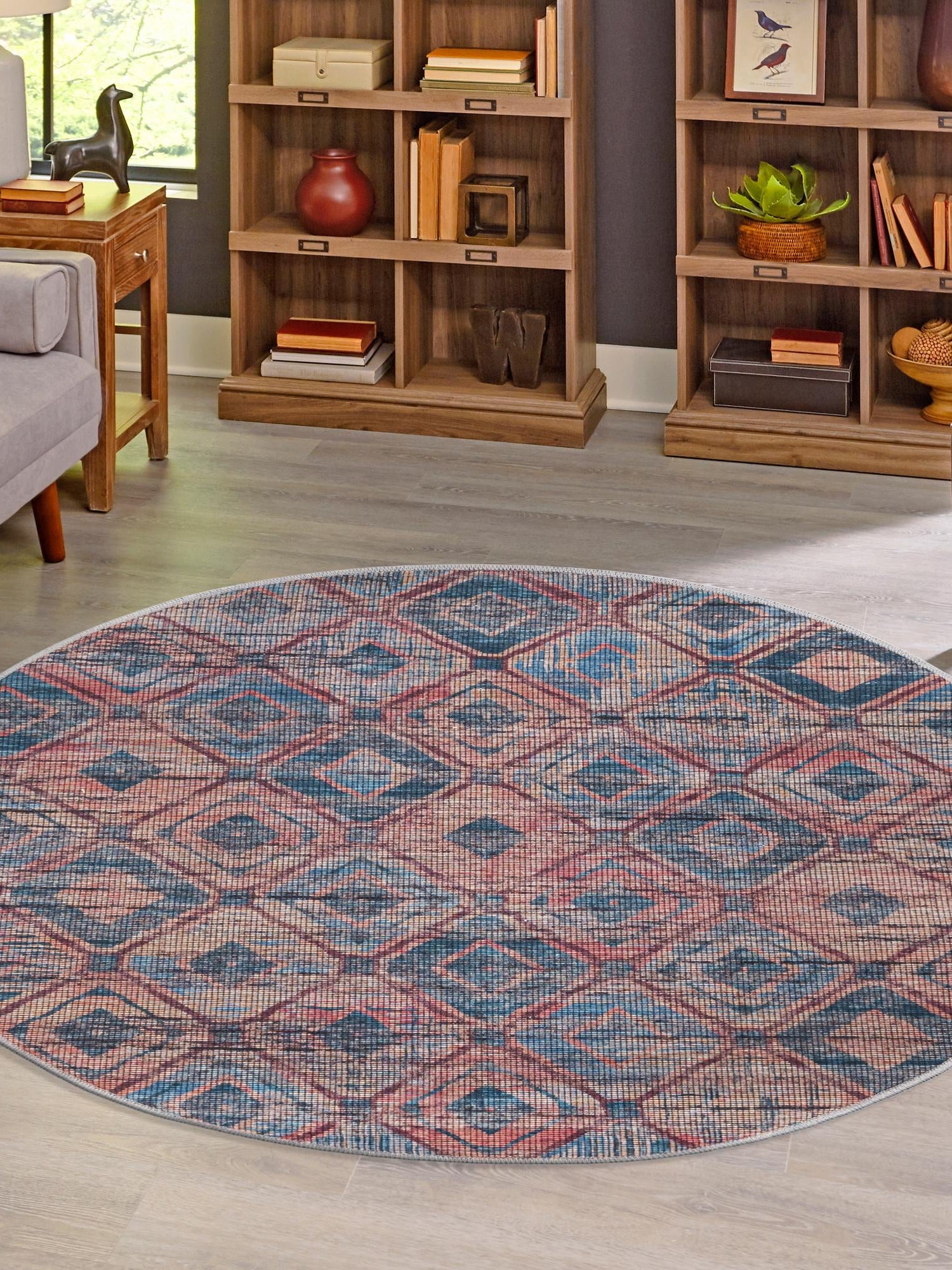 Washable Peach and Blue 7' 10 x 7' 10 Sisu Round Area Rug Easy to Clean Stain Resistant & Durable Polyester Chenille Distressed Vintage Look Carpet for Sale at Rug Engine