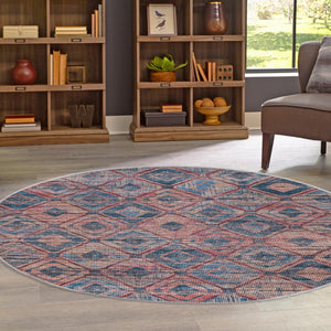 Washable Peach and Blue 3' 11 x 3' 11 Sisu Round Area Rug Easy to Clean Stain Resistant & Durable Polyester Chenille Distressed Vintage Look Carpet for Sale at Rug Engine