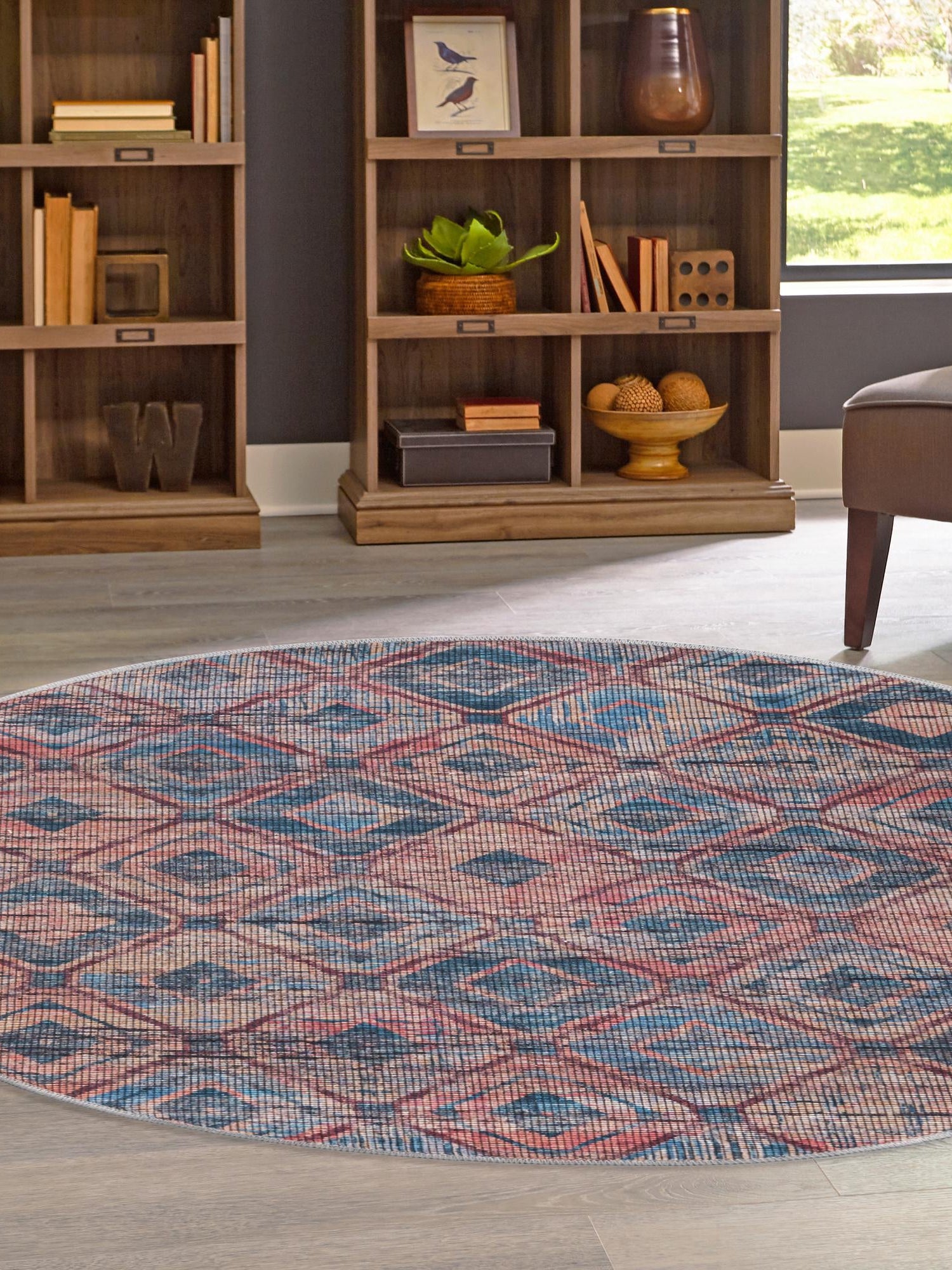 Washable Peach and Blue 7' 10 x 7' 10 Sisu Round Area Rug Easy to Clean Stain Resistant & Durable Polyester Chenille Distressed Vintage Look Carpet for Sale at Rug Engine