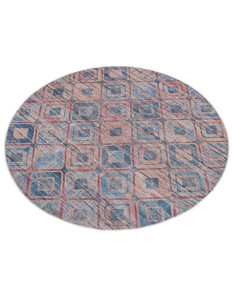 Washable Peach and Blue 7' 10 x 7' 10 Sisu Round Area Rug Easy to Clean Stain Resistant & Durable Polyester Chenille Distressed Vintage Look Carpet for Sale at Rug Engine