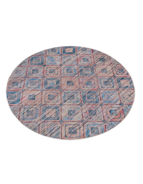 Washable Peach and Blue 7' 10 x 7' 10 Sisu Round Area Rug Easy to Clean Stain Resistant & Durable Polyester Chenille Distressed Vintage Look Carpet for Sale at Rug Engine