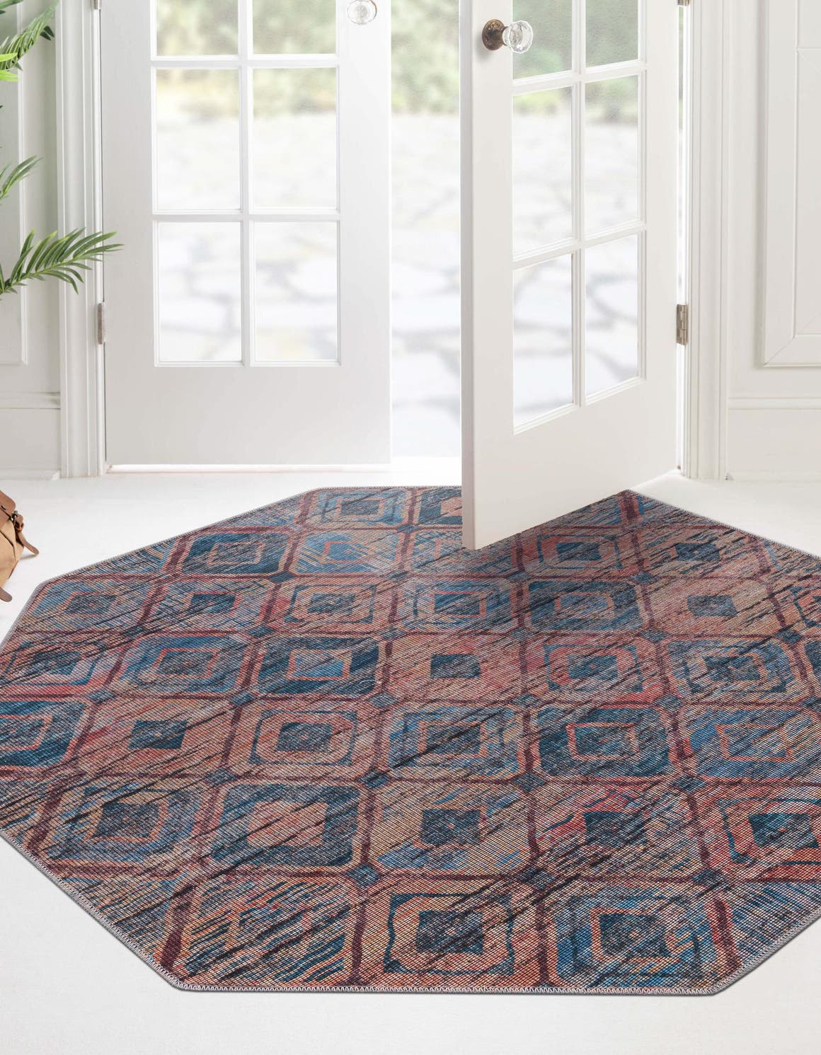 Washable Peach and Blue 7' 10 x 7' 10 Sisu Octagon Area Rug Easy to Clean Stain Resistant & Durable Polyester Chenille Distressed Vintage Look Carpet for Sale at Rug Engine