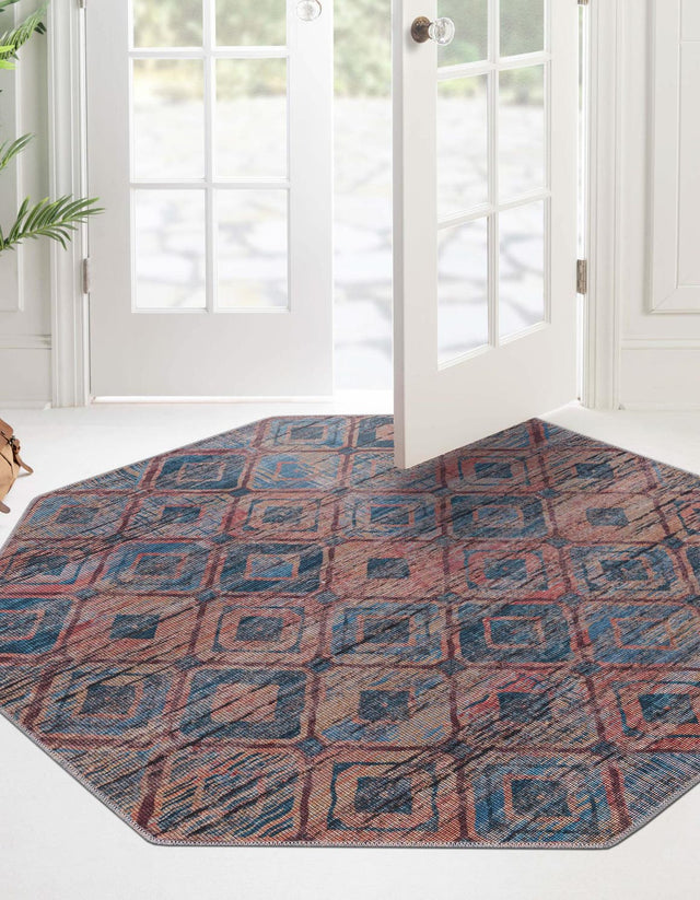 Washable Peach and Blue 7' 10 x 7' 10 Sisu Octagon Area Rug Easy to Clean Stain Resistant & Durable Polyester Chenille Distressed Vintage Look Carpet for Sale at Rug Engine