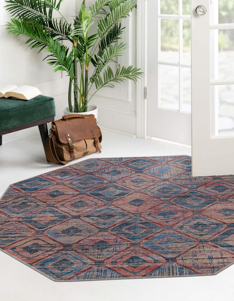 Washable Peach and Blue 7' 10 x 7' 10 Sisu Octagon Area Rug Easy to Clean Stain Resistant & Durable Polyester Chenille Distressed Vintage Look Carpet for Sale at Rug Engine