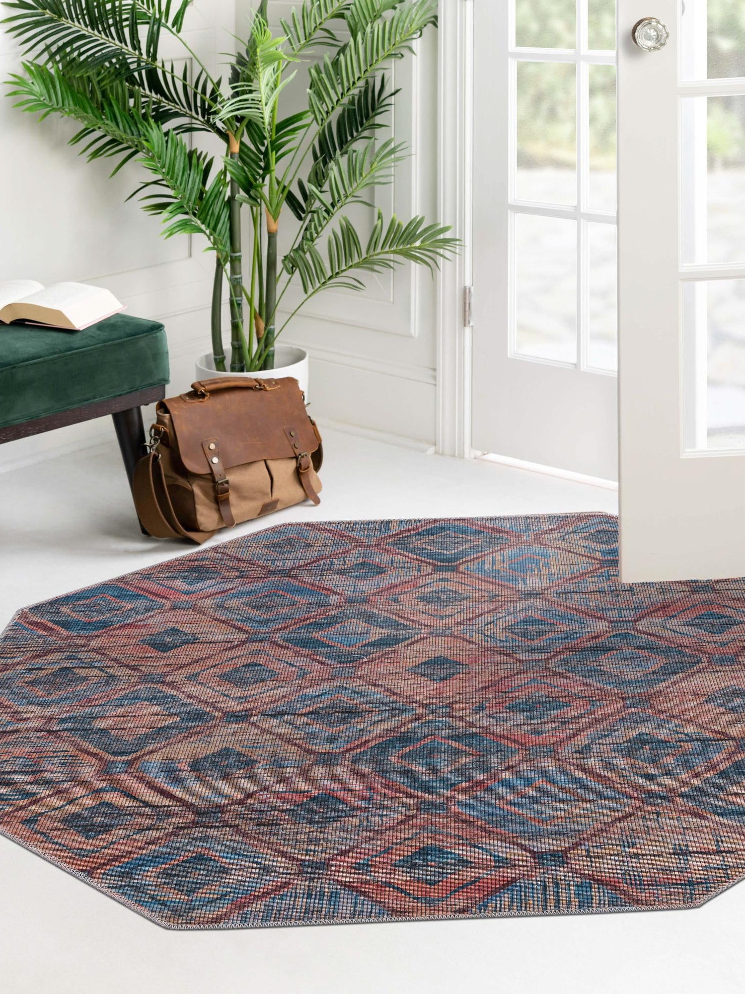 Washable Peach and Blue 5' 3 x 5' 3 Sisu Octagon Area Rug Easy to Clean Stain Resistant & Durable Polyester Chenille Distressed Vintage Look Carpet for Sale at Rug Engine