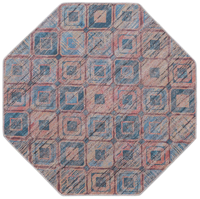 Washable Peach and Blue 5' 3 x 5' 3 Sisu Octagon Area Rug Easy to Clean Stain Resistant & Durable Polyester Chenille Distressed Vintage Look Carpet for Sale at Rug Engine