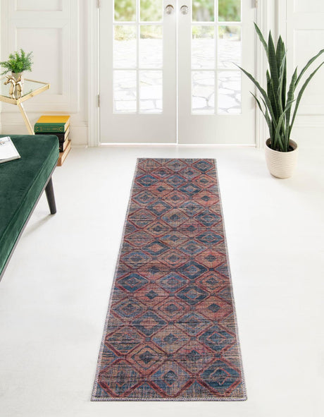 Washable Peach and Blue 2' 7 x 12' Sisu Runner Area Rug Easy to Clean Stain Resistant & Durable Polyester Chenille Distressed Vintage Look Carpet for Sale at Rug Engine