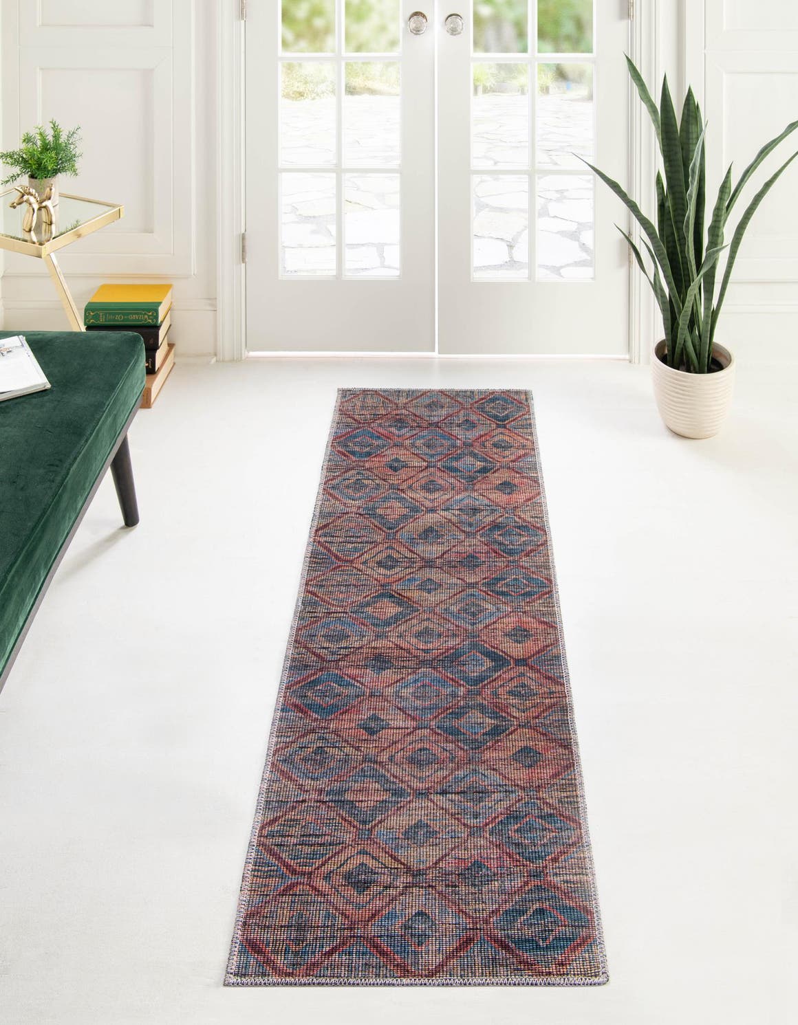 Washable Peach and Blue 2' x 10' Sisu Runner Area Rug Easy to Clean Stain Resistant & Durable Polyester Chenille Distressed Vintage Look Carpet for Sale at Rug Engine