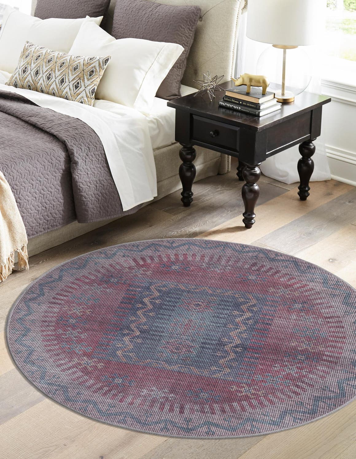 Washable Multicolor 7' 10 x 7' 10 Sisu Round Area Rug Easy to Clean Stain Resistant & Durable Polyester Chenille Distressed Vintage Look Carpet for Sale at Rug Engine