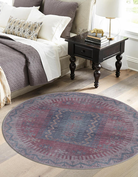 Washable Multicolor 3' 11 x 3' 11 Sisu Round Area Rug Easy to Clean Stain Resistant & Durable Polyester Chenille Distressed Vintage Look Carpet for Sale at Rug Engine