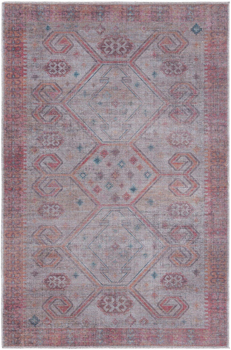 Washable Rust red and Beige 5' 3 x 8' Sisu Rectangle Area Rug Easy to Clean Stain Resistant & Durable Polyester Chenille Distressed Vintage Look Carpet for Sale at Rug Engine