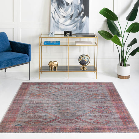 Washable Rust red and Beige 7' 3 x 7' 3 Sisu Square Area Rug Easy to Clean Stain Resistant & Durable Polyester Chenille Distressed Vintage Look Carpet for Sale at Rug Engine