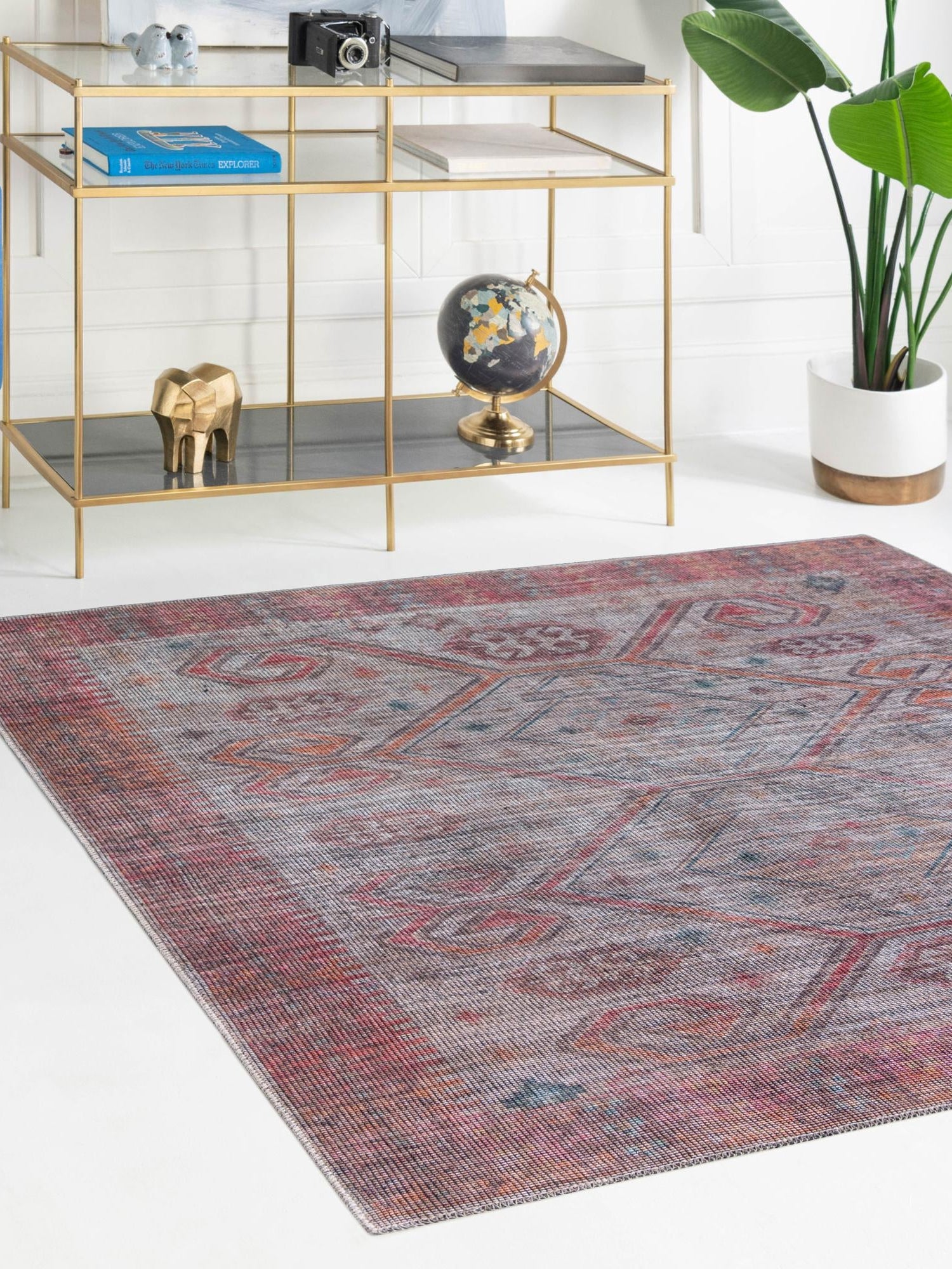 Washable Rust red and Beige 7' 10 x 7' 10 Sisu Square Area Rug Easy to Clean Stain Resistant & Durable Polyester Chenille Distressed Vintage Look Carpet for Sale at Rug Engine