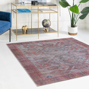 Washable Rust red and Beige 7' 10 x 7' 10 Sisu Square Area Rug Easy to Clean Stain Resistant & Durable Polyester Chenille Distressed Vintage Look Carpet for Sale at Rug Engine