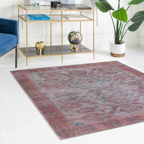 Washable Rust red and Beige 7' 10 x 7' 10 Sisu Square Area Rug Easy to Clean Stain Resistant & Durable Polyester Chenille Distressed Vintage Look Carpet for Sale at Rug Engine