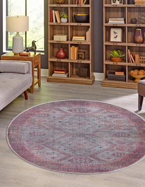 Washable Rust red and Beige 3' 3 x 3' 3 Sisu Round Area Rug Easy to Clean Stain Resistant & Durable Polyester Chenille Distressed Vintage Look Carpet for Sale at Rug Engine