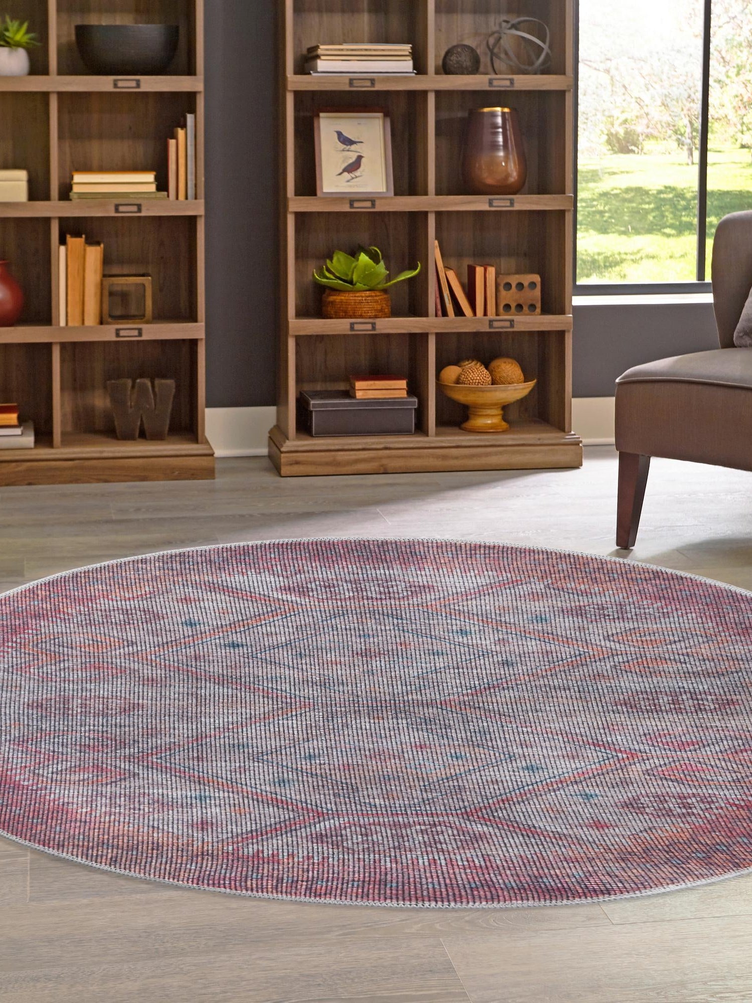 Washable Rust red and Beige 3' 11 x 3' 11 Sisu Round Area Rug Easy to Clean Stain Resistant & Durable Polyester Chenille Distressed Vintage Look Carpet for Sale at Rug Engine