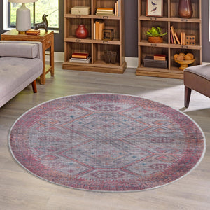 Washable Rust red and Beige 3' 3 x 3' 3 Sisu Round Area Rug Easy to Clean Stain Resistant & Durable Polyester Chenille Distressed Vintage Look Carpet for Sale at Rug Engine
