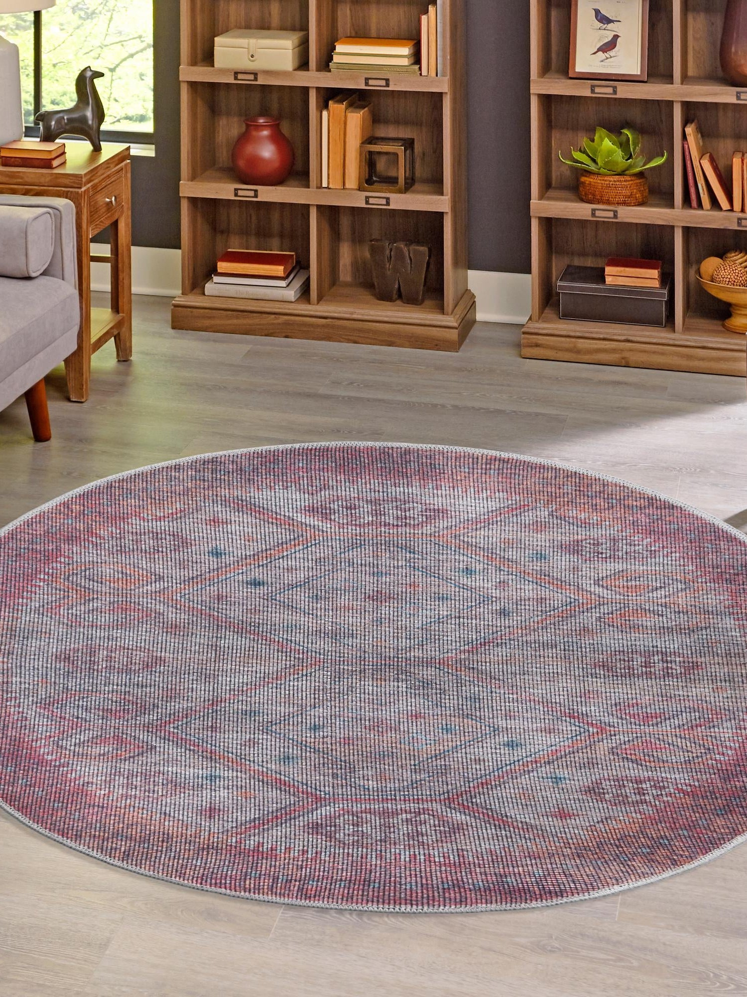 Washable Rust red and Beige 7' 10 x 7' 10 Sisu Round Area Rug Easy to Clean Stain Resistant & Durable Polyester Chenille Distressed Vintage Look Carpet for Sale at Rug Engine