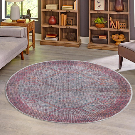 Washable Rust red and Beige 7' 10 x 7' 10 Sisu Round Area Rug Easy to Clean Stain Resistant & Durable Polyester Chenille Distressed Vintage Look Carpet for Sale at Rug Engine