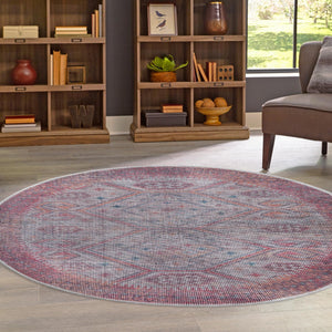 Washable Rust red and Beige 3' 3 x 3' 3 Sisu Round Area Rug Easy to Clean Stain Resistant & Durable Polyester Chenille Distressed Vintage Look Carpet for Sale at Rug Engine