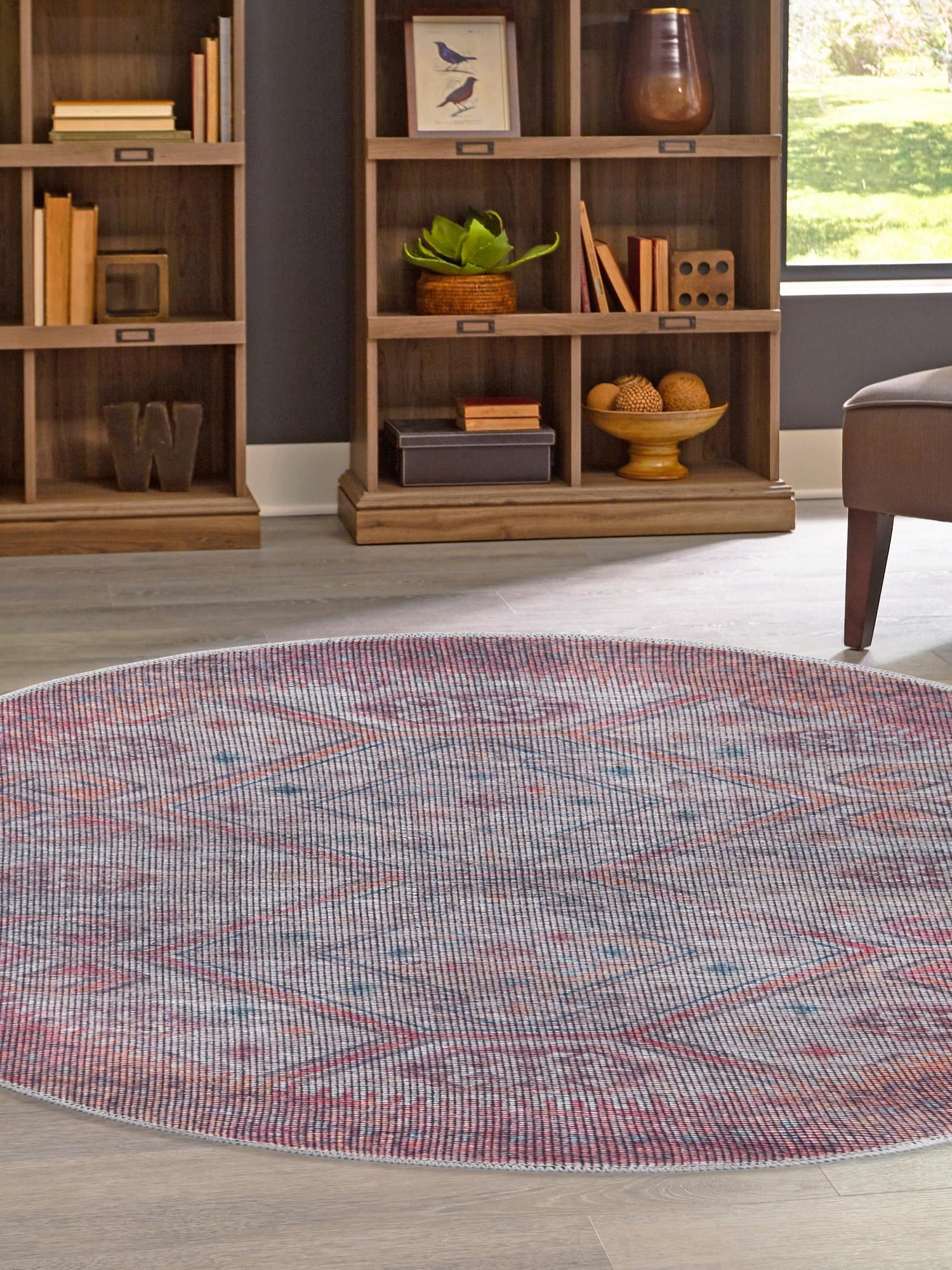 Washable Rust red and Beige 7' 10 x 7' 10 Sisu Round Area Rug Easy to Clean Stain Resistant & Durable Polyester Chenille Distressed Vintage Look Carpet for Sale at Rug Engine