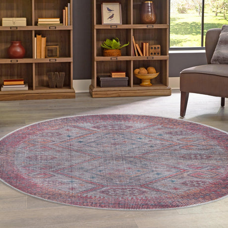 Washable Rust red and Beige 7' 10 x 7' 10 Sisu Round Area Rug Easy to Clean Stain Resistant & Durable Polyester Chenille Distressed Vintage Look Carpet for Sale at Rug Engine