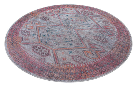 Washable Rust red and Beige 7' 10 x 7' 10 Sisu Round Area Rug Easy to Clean Stain Resistant & Durable Polyester Chenille Distressed Vintage Look Carpet for Sale at Rug Engine